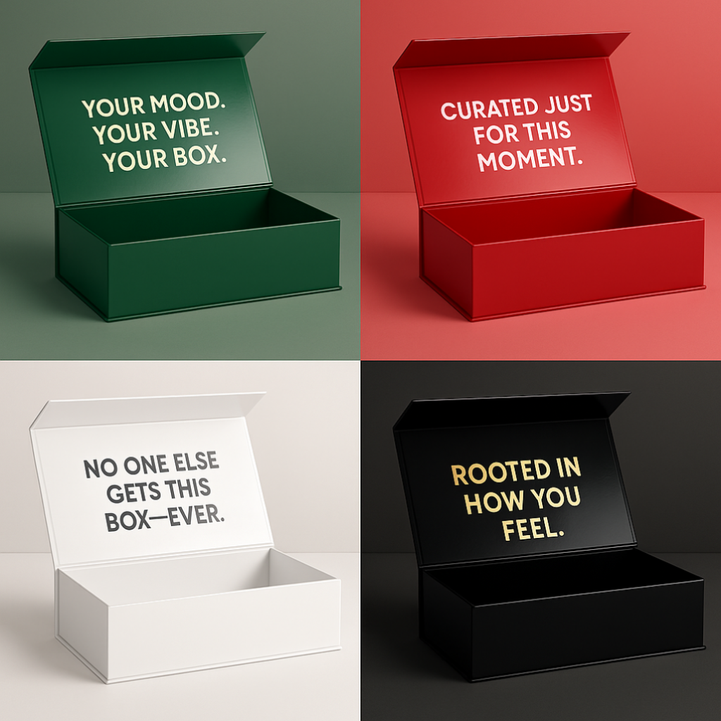 Four open boxes with motivational phrases on a gray background